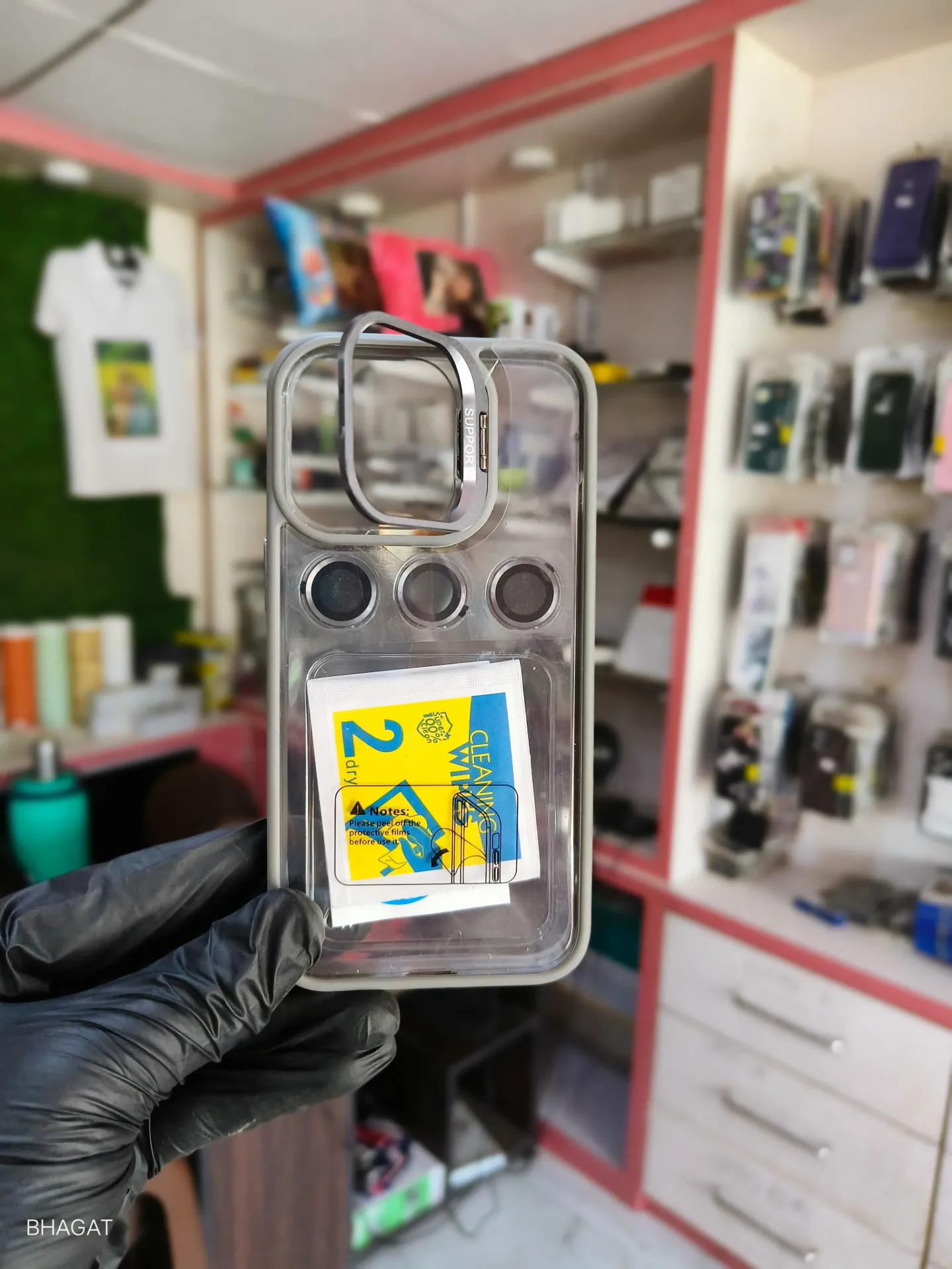 Transparent case with camera stand and lenses